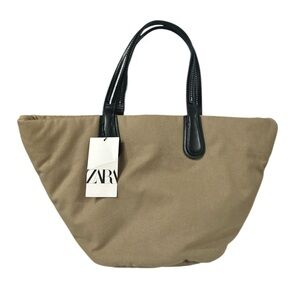 NWT Zara Neutral Beige Tan Canvas Tote Bag Casual Stripes Lined Cotton Bag OS